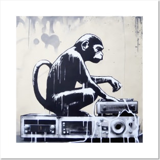 Side view of Banksy monkey playing on vinyl record Posters and Art